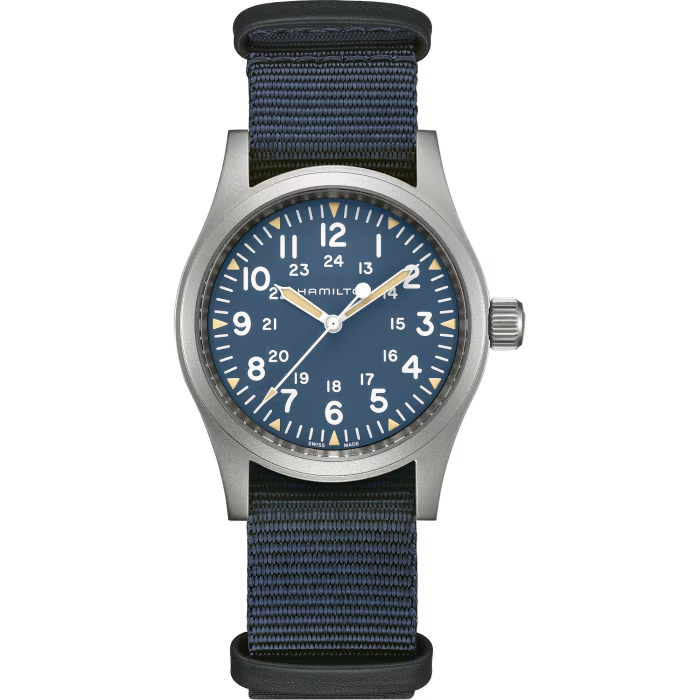 38mm Khaki Field Mechanical Watch with Blue Dial in Stainless Steel, Strap