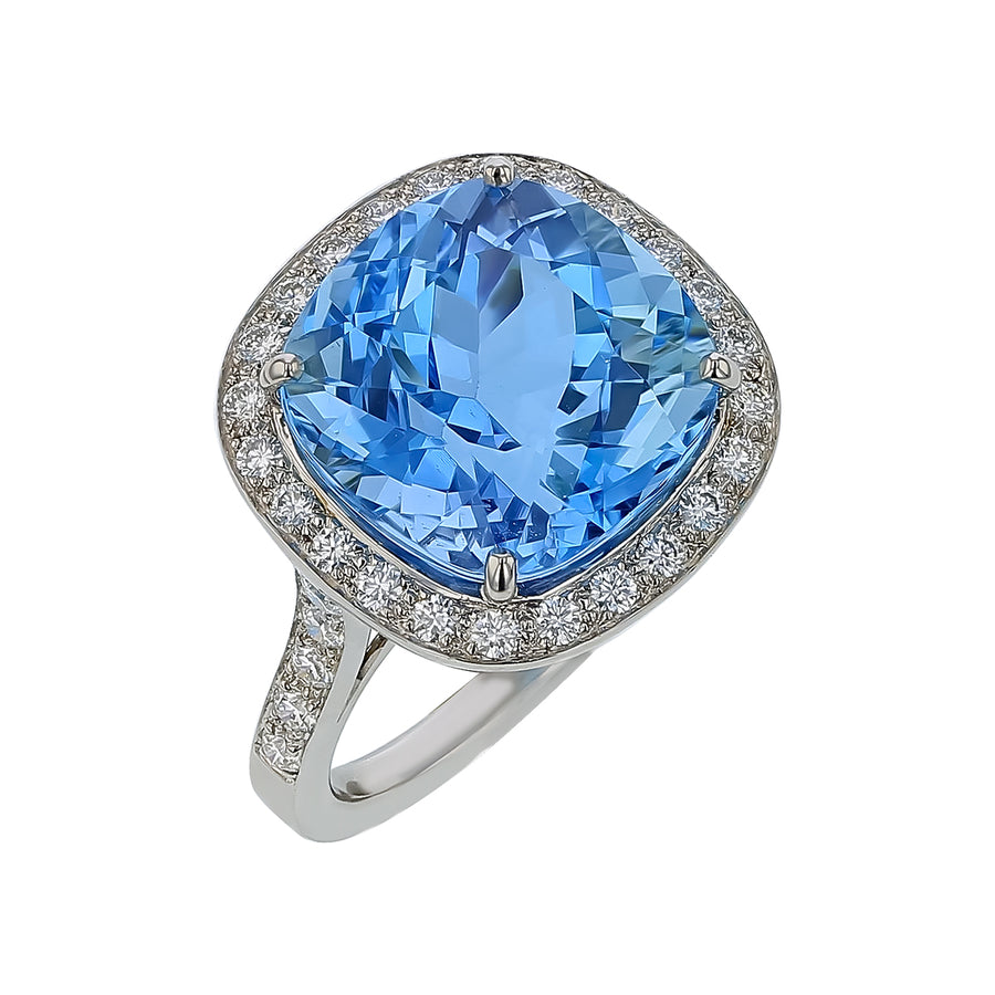 8.79ct Cushion Aquamarine and 0.60ct Diamond Halo Ring in Platinum, size 6.25