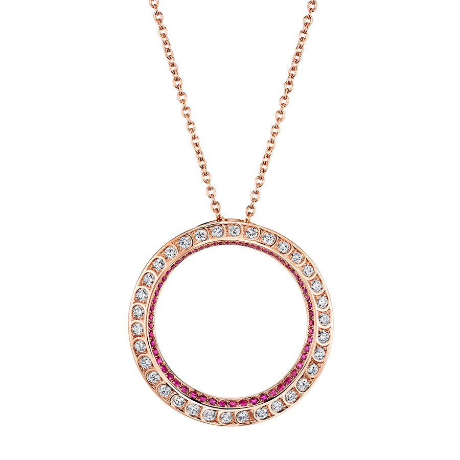1.59ct Round Diamond  and 0.95ct Round Ruby Scallop Artisan Pave Pendant in 18K Rose Gold, chain included