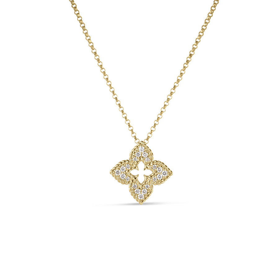 Venetian Princess Round Diamond Flower Pendant in 18K Yellow Gold, Adjustable Chain