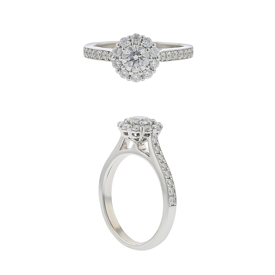 0.527ct Hearts On Fire Diamond and 0.36ct Diamond Halo Transcend Ring in 18K White Gold, Size 6.5