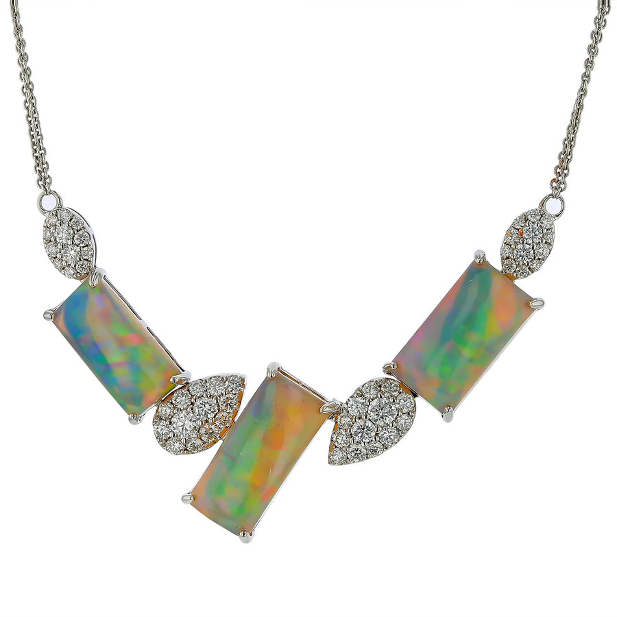 11.62ct Opal and 1.28ct Diamond Alternating Necklace in 14K White Gold, 16-17"