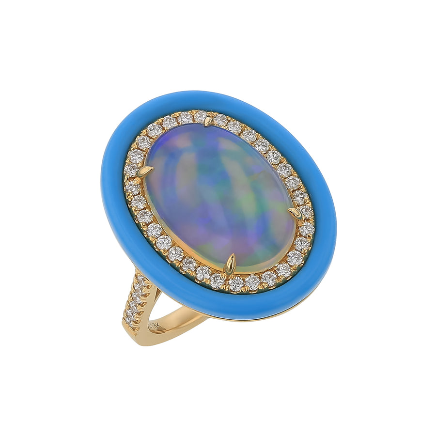 4.63ct Oval Opal, 0.55ct Diamond and Turquoise Double Halo Ring in 18K Yellow Gold, Size 7