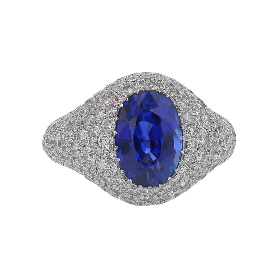 3.45ct Oval Blue Sapphire 5.62ct Diamond Ring in 18K White Gold