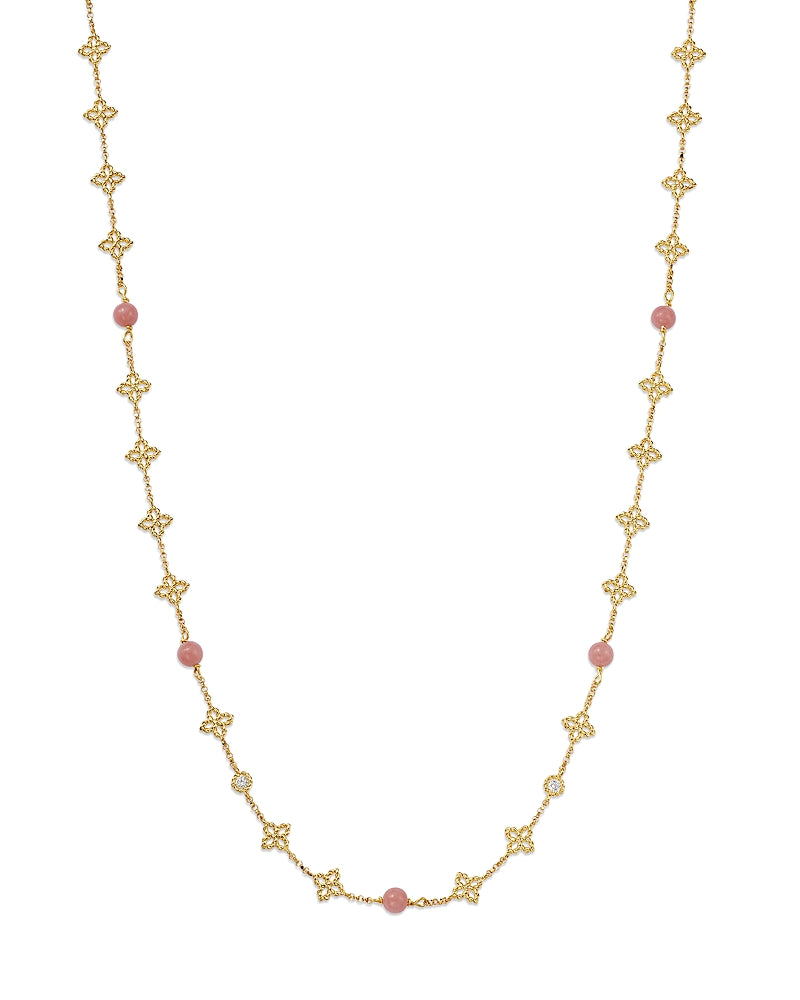 Princess Flower 2.38ct Pink Opal and 0.06ct Diamond Alternating Station Necklace in 18K Yellow Gold, 16-18" chain