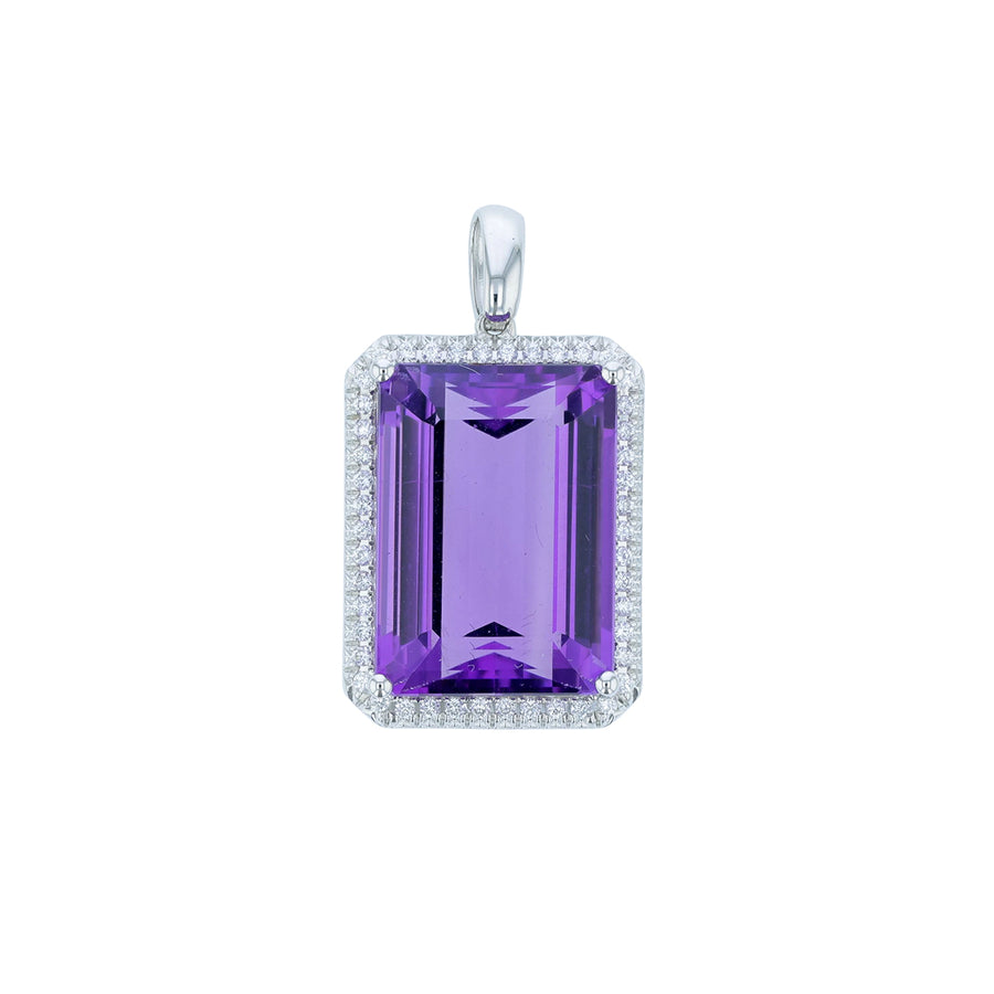 16.95ct Emerald Cut Amethyst and 0.25ct Diamond Halo Pendant in 14K White Gold, without chain