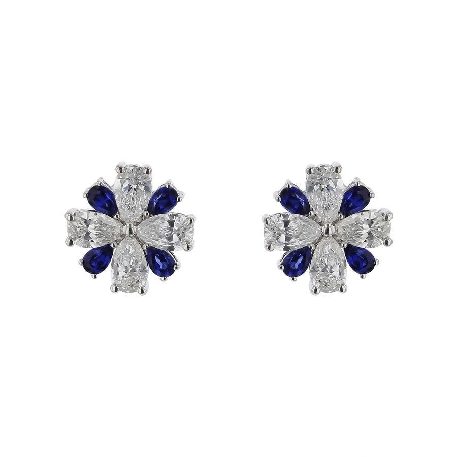 Scallop Jubilee Pear Sapphire and Pear Diamond Earrings in 18K White Gold