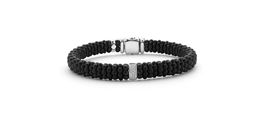 Black Caviar Diamond Beaded Station Rope Bracelet in Sterling Silver, 18K White Gold and Matte Black Ceramic, size 8