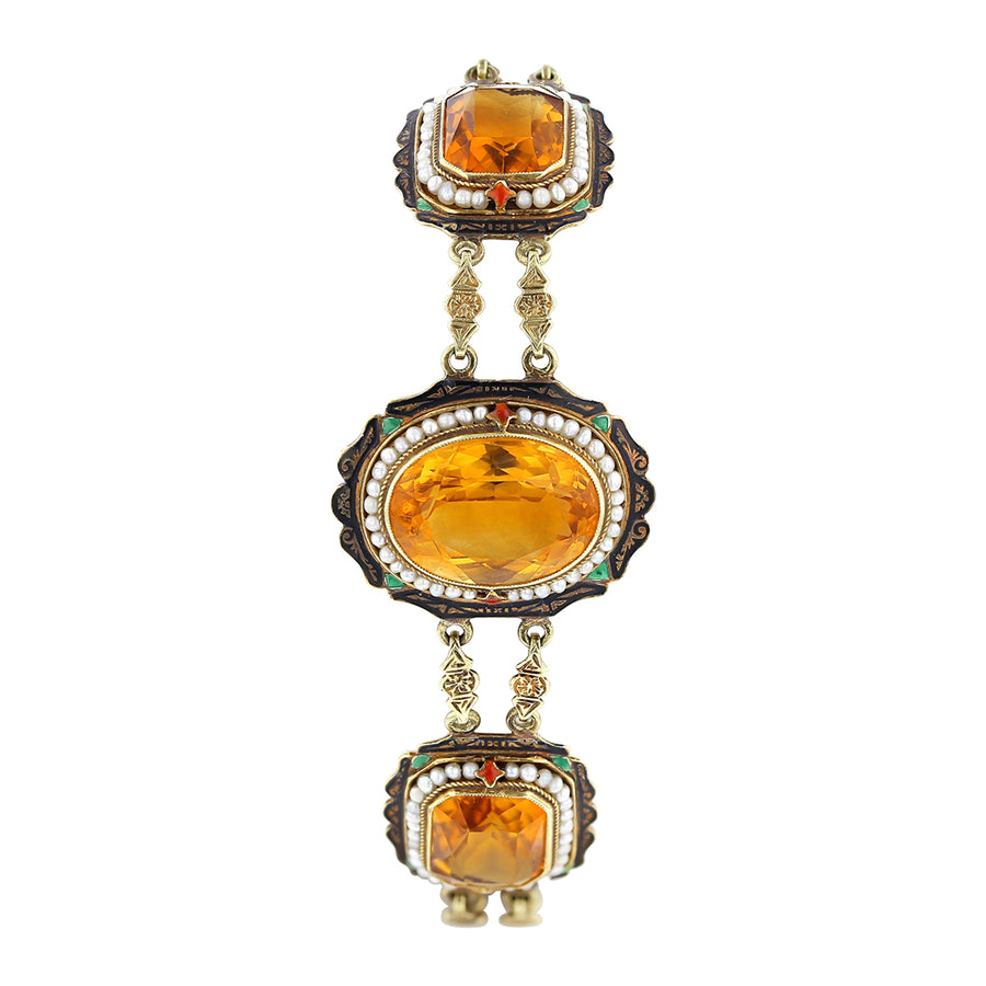 50ct Madeira Citrine, Seed Pearl, Green and Orange Enamel Art Deco Bracelet in 14K Yellow Gold, 7.25"