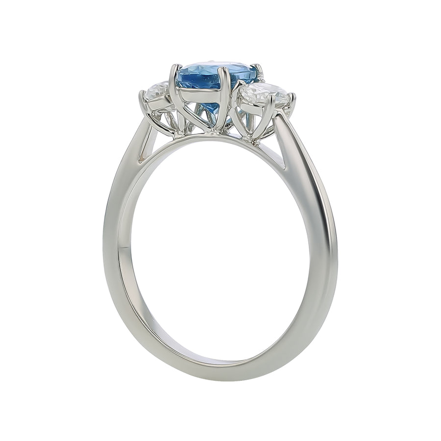 0.78ct Oval African Aquamarine and 0.47ct Oval Diamond 3 Stone Ring in Platinum, size 6
