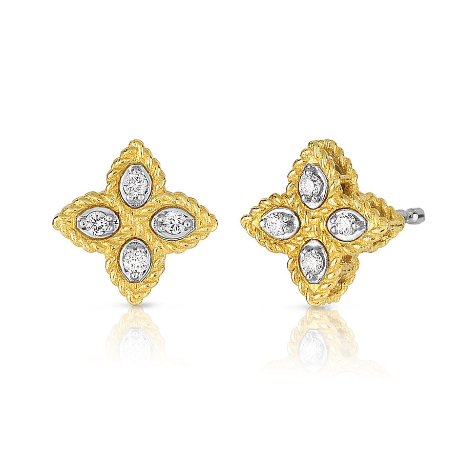 Venetian Princess Flower 0.10ct Diamond Stud Earrings in 18K Yellow and White Gold