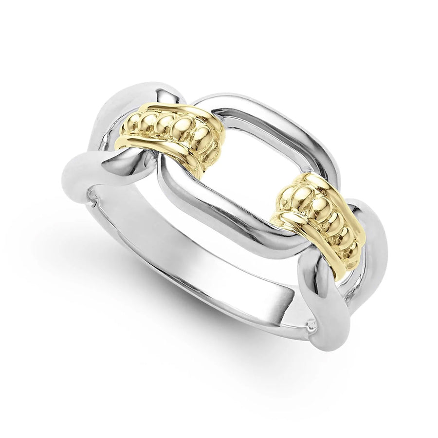 Signature Caviar Oval Link Ring in Sterling Silver and 18K Yellow Gold, Size 7