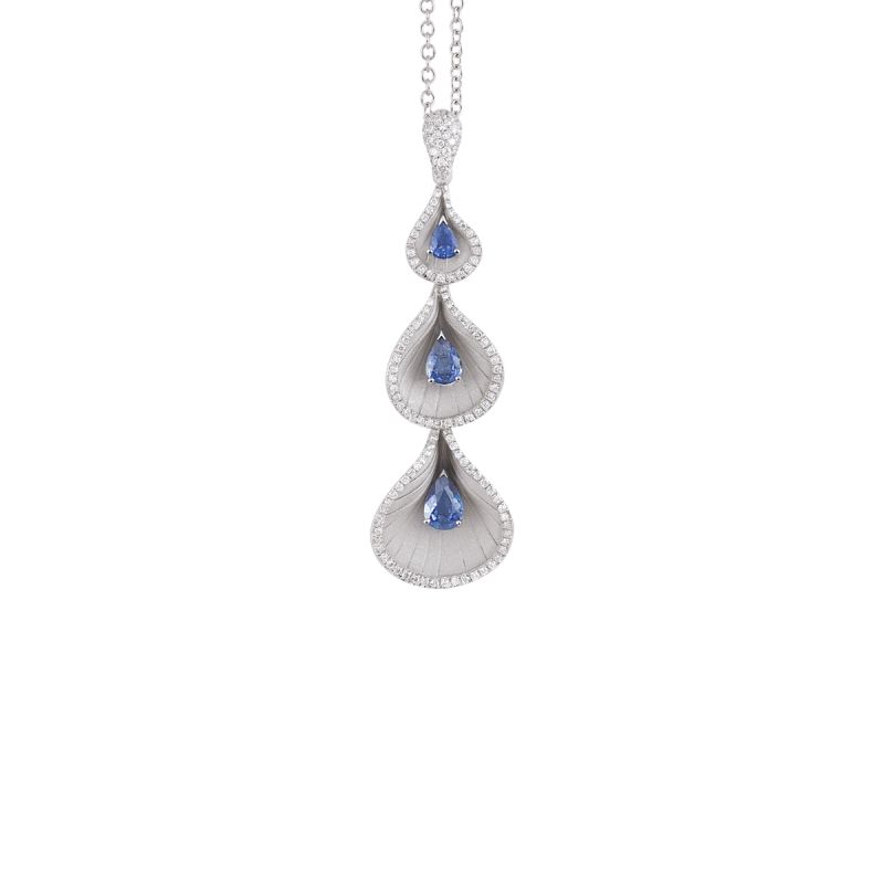 Premiere Color Sapphire and Diamond Triple Tier Pendant in 18K White Ice Gold, 18in