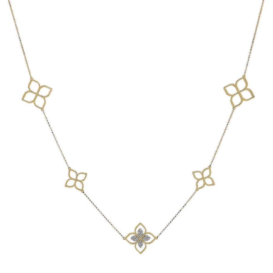 Princess 0.16ct Diamond Flower Station Necklace in 18K Yellow and White Gold, 34"