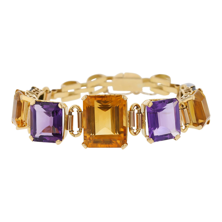 47.00ct Emerald Cut Citrine, Amethyst, and Green Tourmaline Bracelet in 18K Yellow Gold Circa 1960