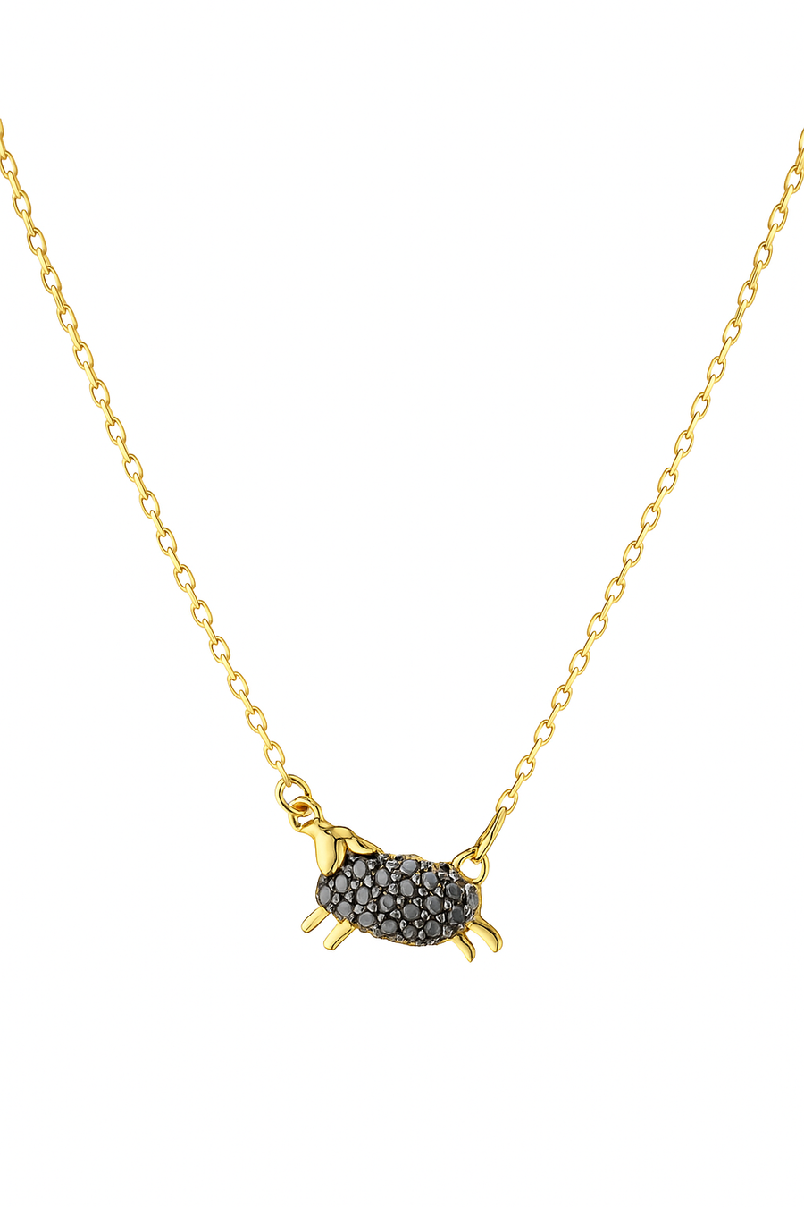 0.11ct Black Diamond Sheep Charm Necklace in 18K Yellow Gold, 18"