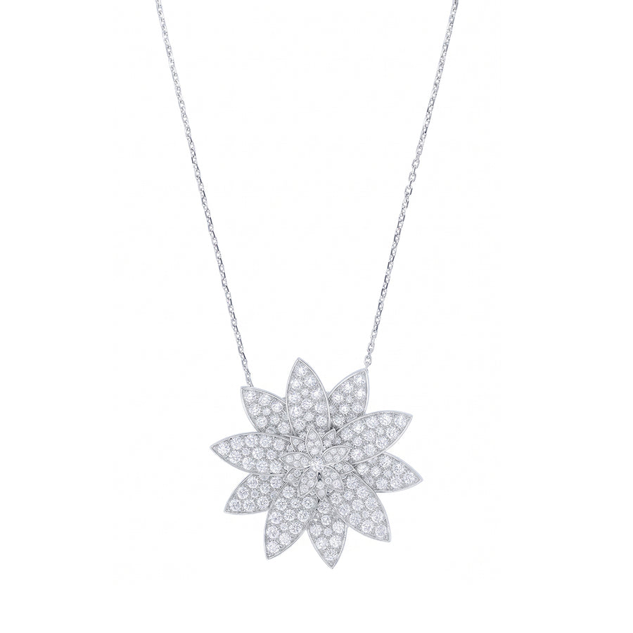 Van Cleef & Arpels Lotus Flower 6.81ct Diamond Large Pendant or Pin in 18K White Gold, 36" chain