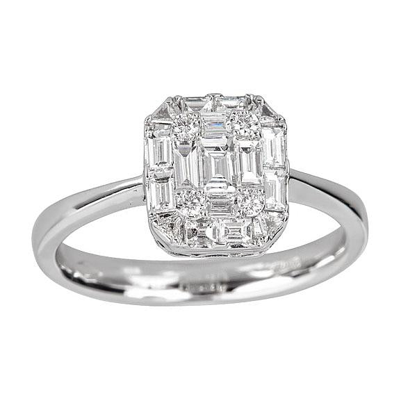 0.72ct Emerald Cut and Round Diamond Illusion Ring in 18K White Gold, size 7