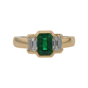 0.95ct Zambian Emerald and 0.65ct Diamond 3 Stone Ring in 18KYellow Gold, Size 6.75