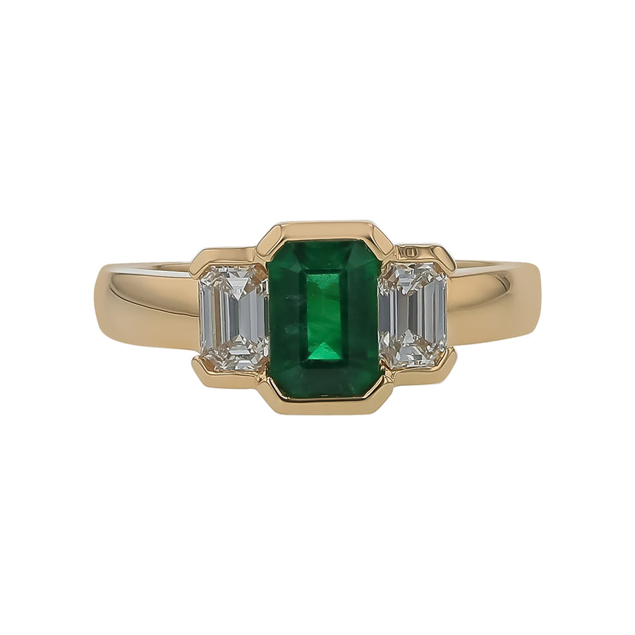 0.95ct Zambian Emerald and 0.65ct Diamond 3 Stone Ring in 18KYellow Gold, Size 6.75