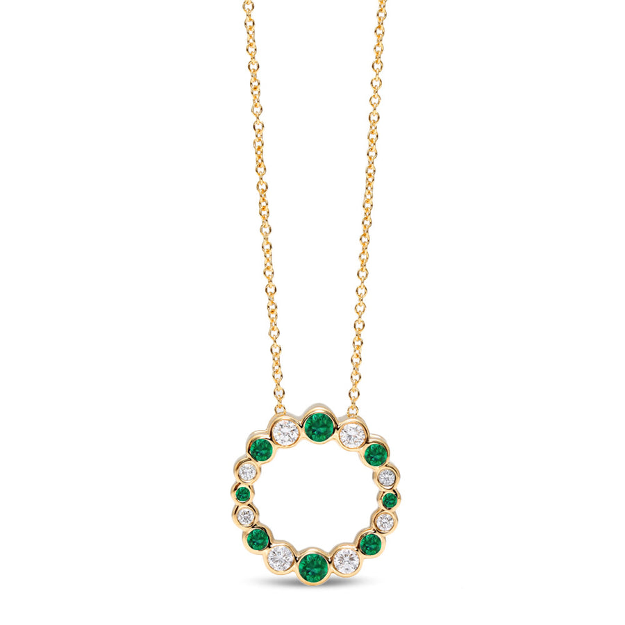 Bubbly 0.21ct Emerald and 0.24ct Diamond Circle Pendant in 18K Yellow Gold, on 18" chain