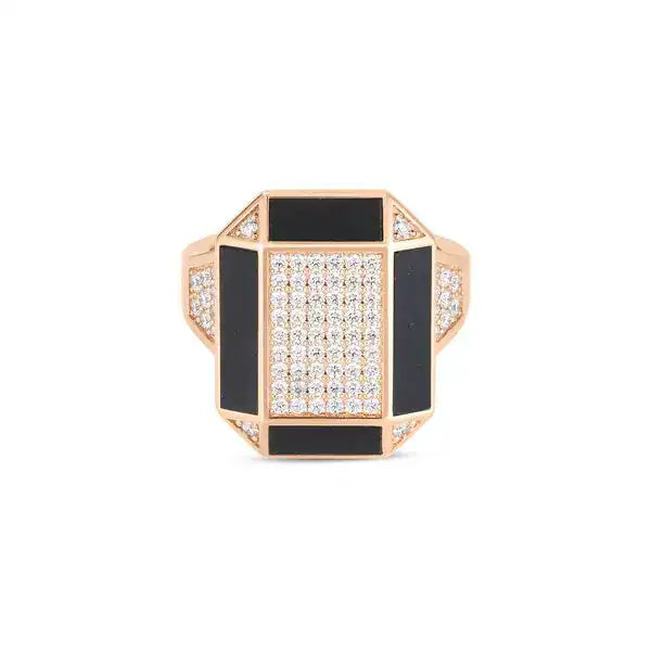 Diamond and Black Jade Art Deco Ring in 18K Rose Gold, Size 6.5