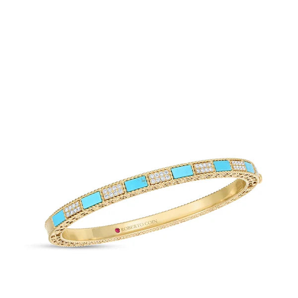 Mosaic 2.73ct Turquoise and 0.40ct Round Diamonds 48x58mm Bangle in 18K Yellow Gold
