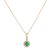 0.42ct Round Zambian Emerald and 0.17ct Full Cut Diamonds Halo Pendant Necklace, on 18"