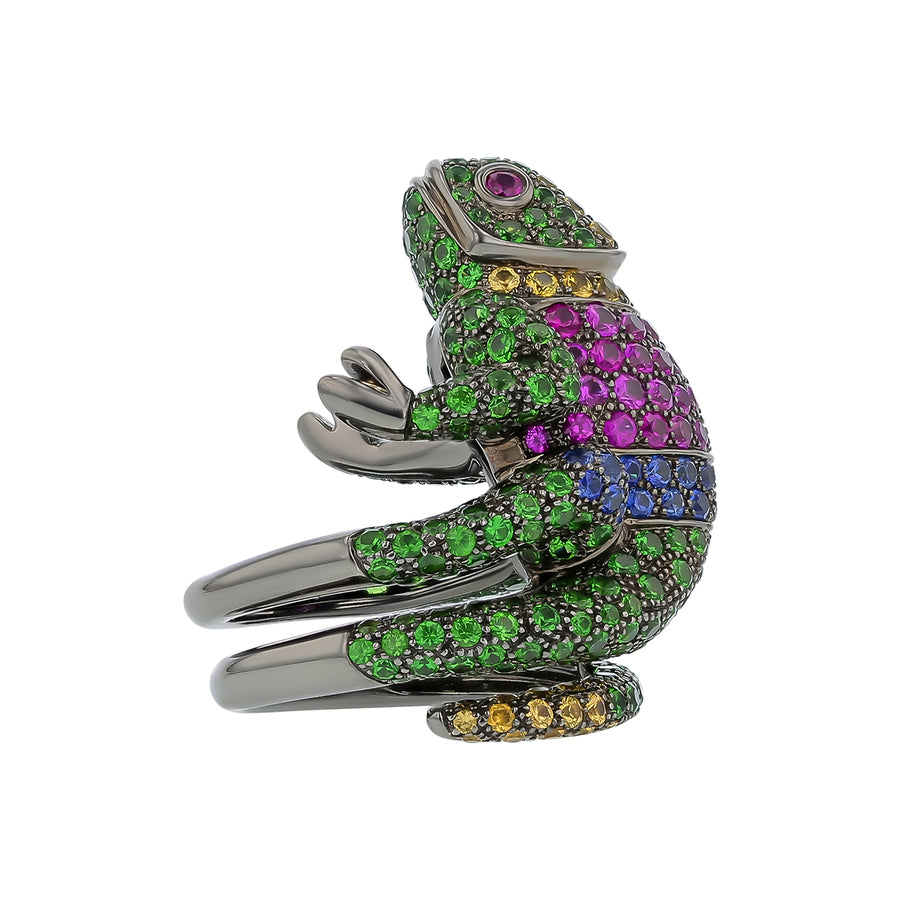 Boucheron Pink, Yellow and Blue Sapphire, Tsavorite, Garnet and Ruby Chameleon Ring in 18K Blackened Gold, size 5.5