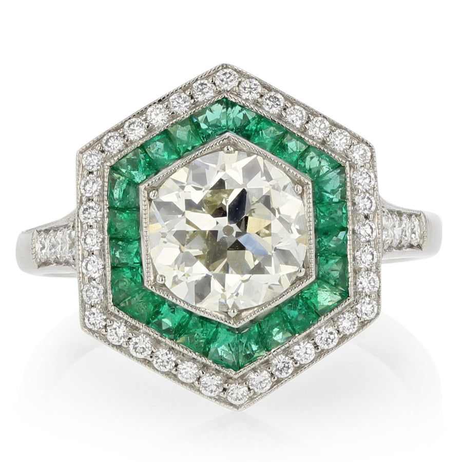 1.47ct Old European Cut Diamond, 0.40ct Swiss Cut Emerald, and 0.31ct Diamond Hexagon Ring in Platinum