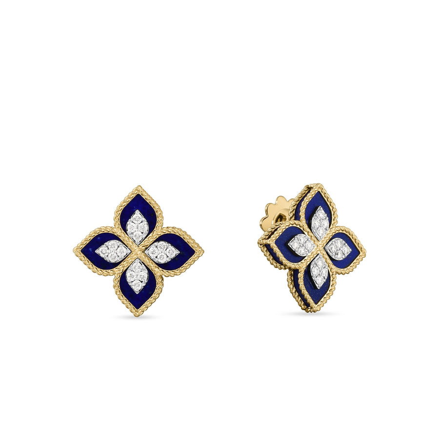 Venetian Princess 7.40ct Blue Lapis and 0.35ct Diamond Flower Stud Earrings in 18K Yellow and White Gold