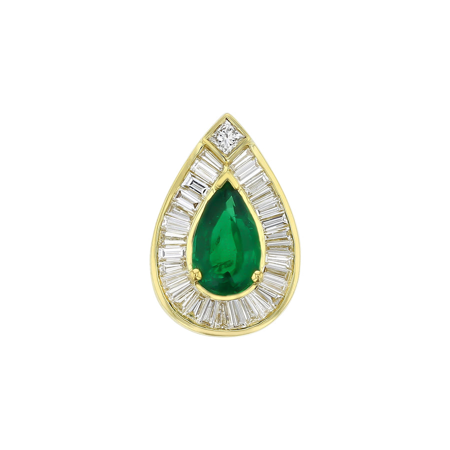 3.33ct Pear Shape Emerald and 2.35ct Baguette Diamond Halo Pendant in 18K Yellow Gold, without chain