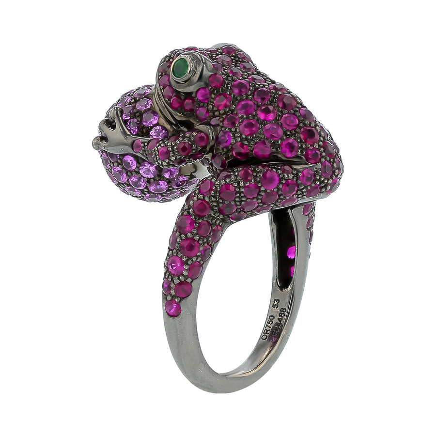 Boucheron Pink Sapphire and Ruby Frog Cocktail Ring in 18K Blackened Gold, size 6.25