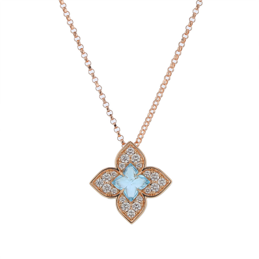 Venetian Princess 0.17ct Diamond and 0.75ct Blue Topaz Flower Pendant in 18K Rose Gold, 18" chain