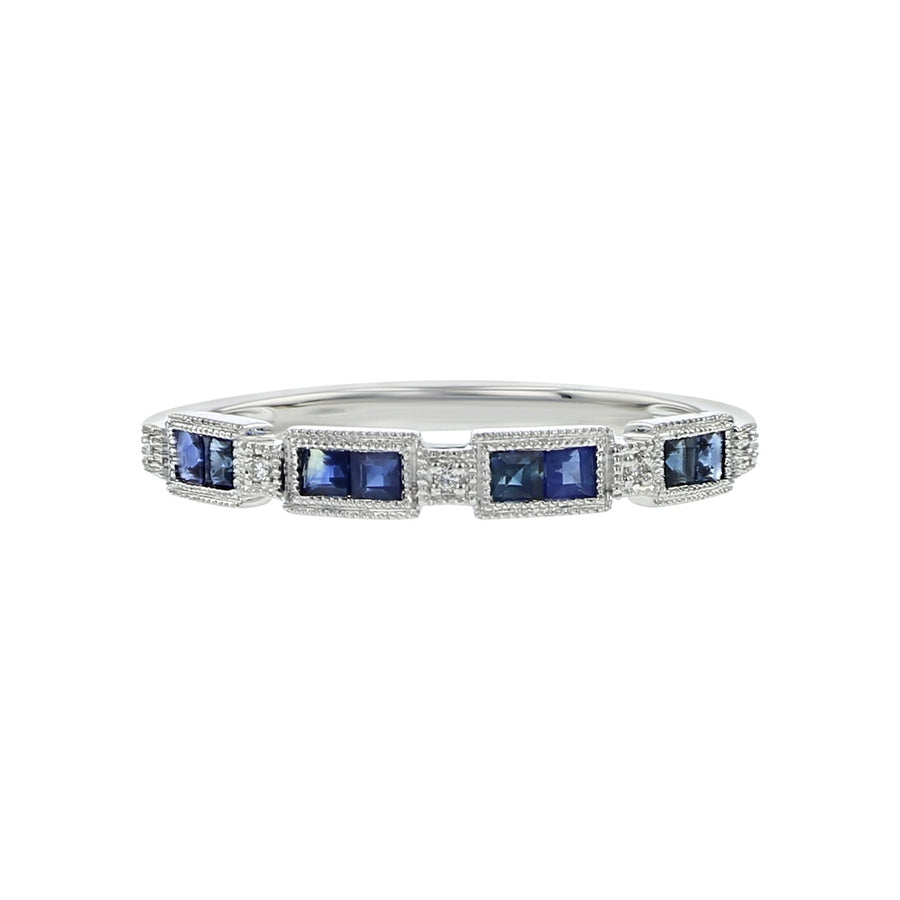 0.42ct Blue Sapphire and 0.012ct Diamond Milgrain Edge Stack Band in 14K White Gold, size 6.5