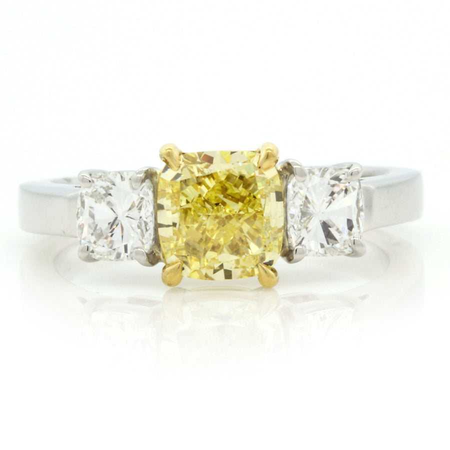 1.52ct Cushion Cut Diamond and 0.79ct Cushion Cut Diamonds 3 Stone Ring in Platinum and 18K Yellow Gold