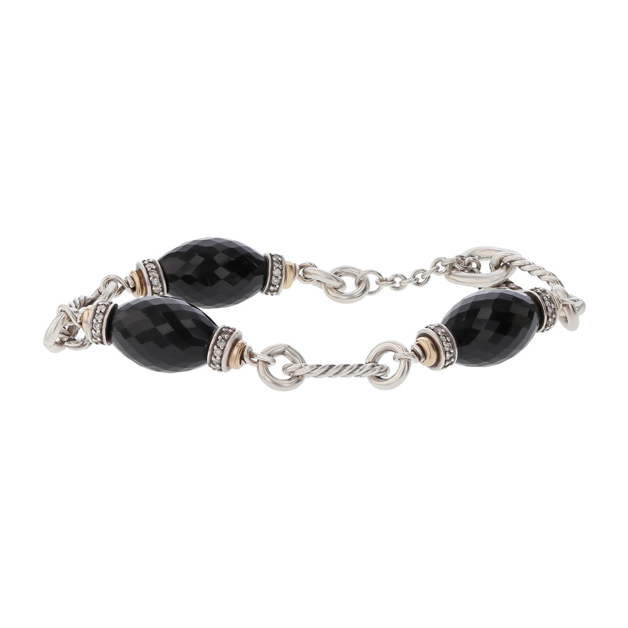 STERLING SILVER AND 18K YELLOW GOLD BLACK ONYX AND DIAMOND DY CABLE LINK 7.5" BRACELET