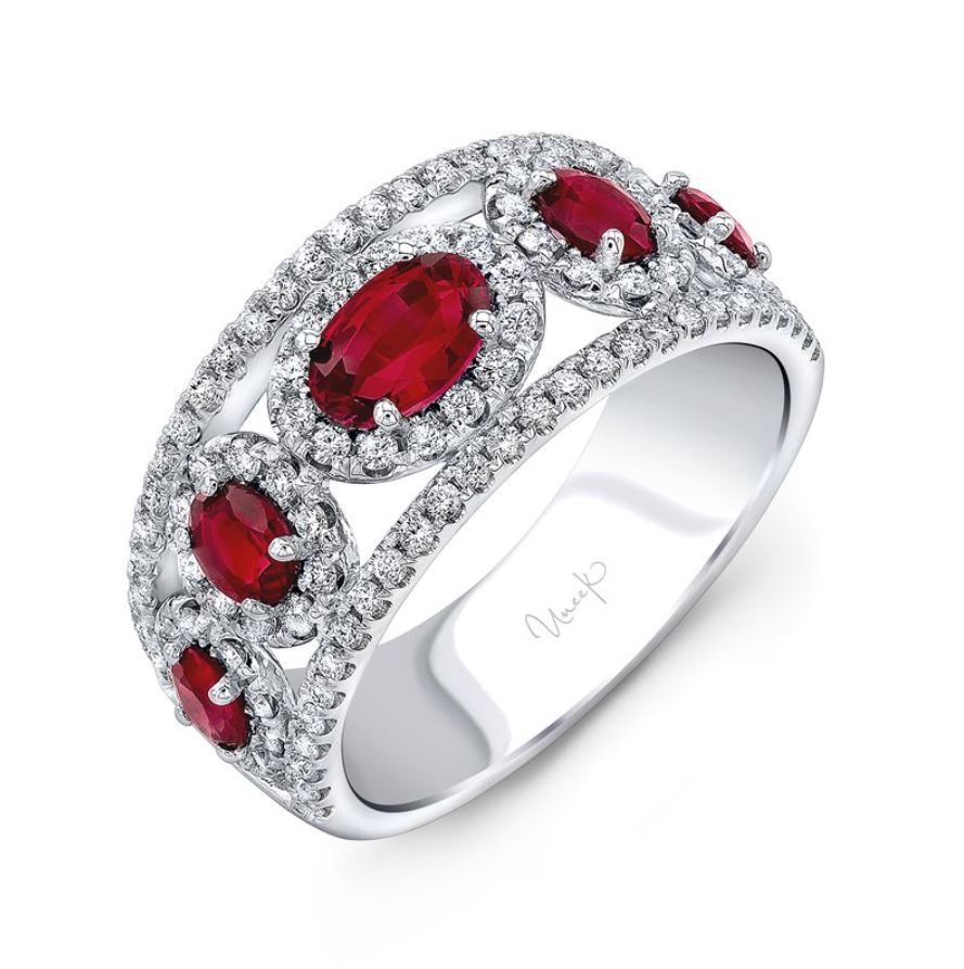 Precious 0.65ct Round Diamonds and Oval Rubies Ring in 18K White Gold, 6.5