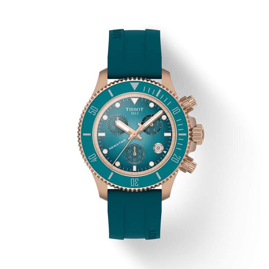 38mm Seastar 1000 Quartz Chronograph Watch with Turquoise Dial in Stainless Steel with Rose Gold PVD, Strap
