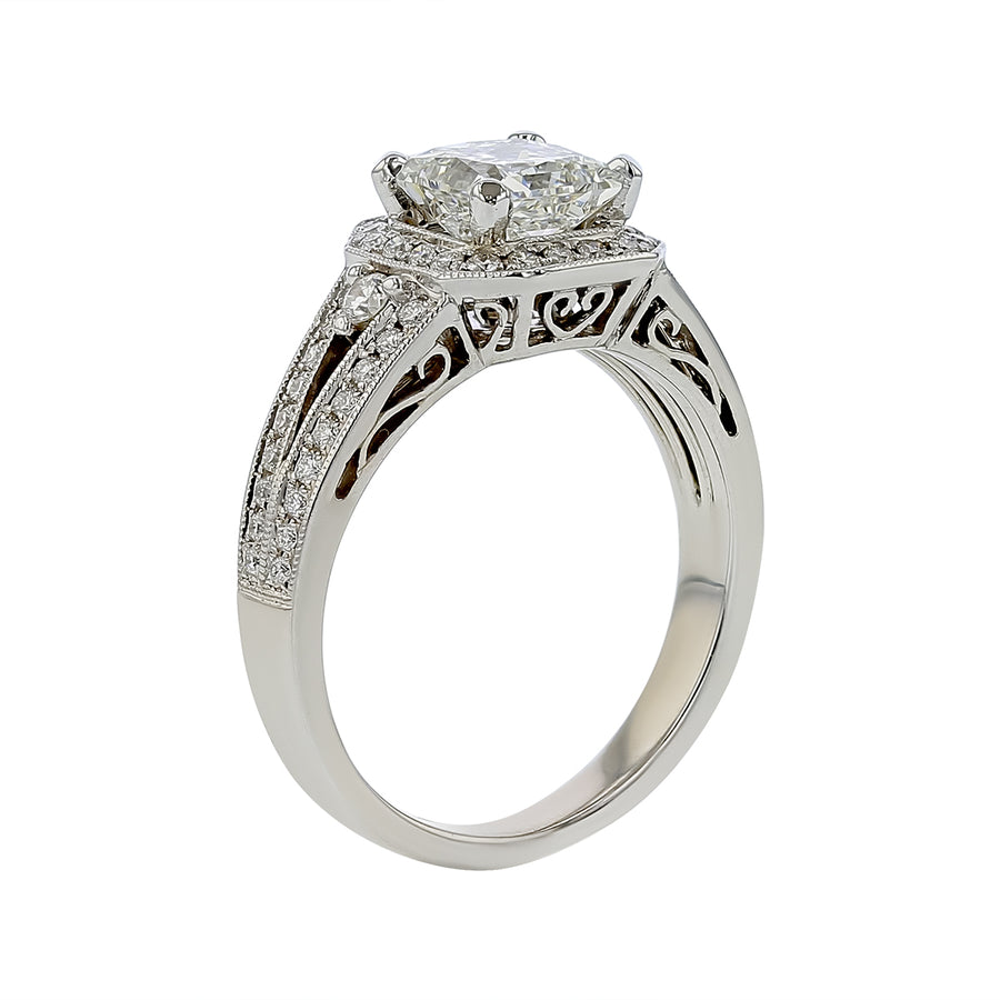 1.28ct Princess Cut Diamond and 0.33ct Diamond Halo Ring in 18K White Gold, size 6