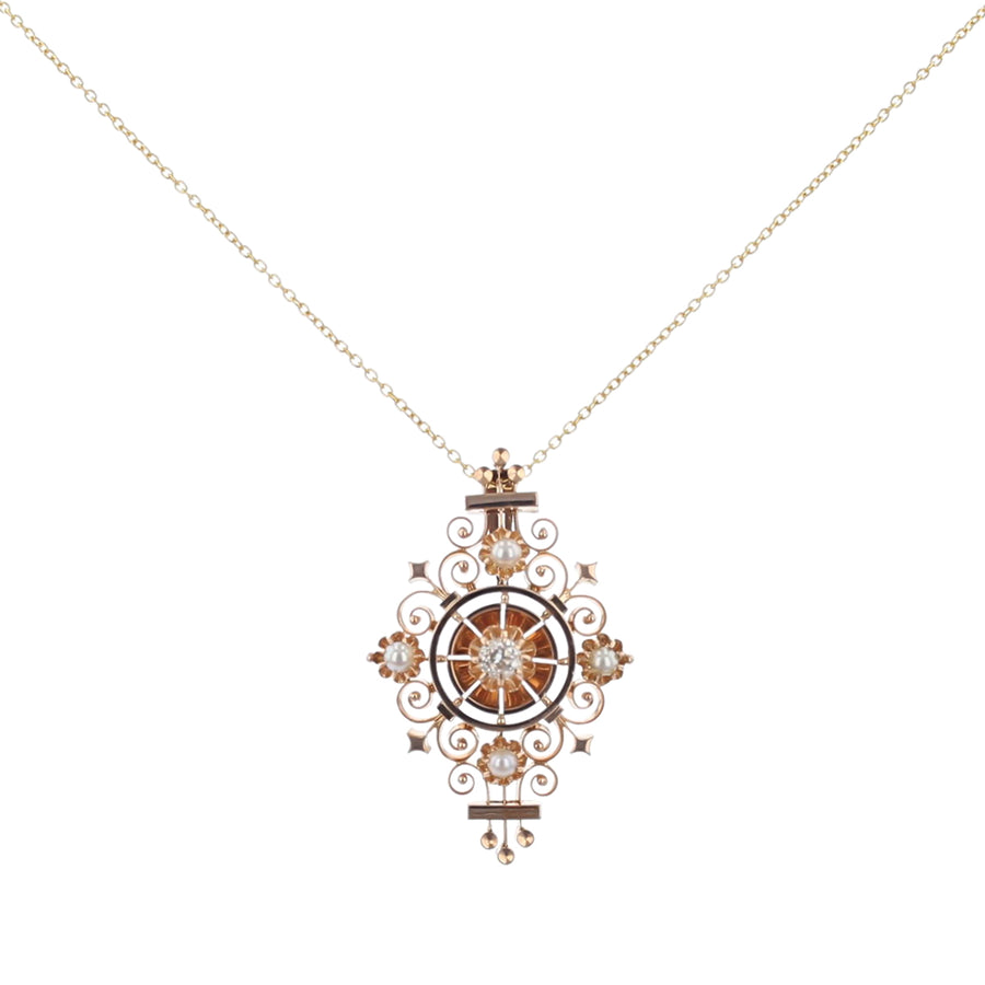 0.20ct Old Mine Cut Diamond and Pearls Victorian Pendant in 14K Rose Gold, 16" chain, Circa 1880