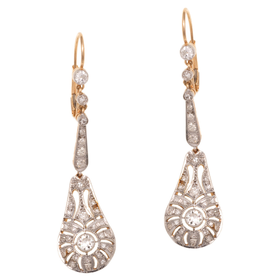 PLAT AND YG 4 OLD EUROPEAN CUT DIAMONDS=0.6CT AND 60 SINGLE CUT DIAMONDS=0.65CT ART DECO DROP EARS