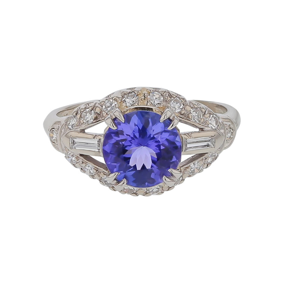 1.77ct Tanzanite and 0.54ct Diamond Art Deco Ring in 14K White Gold Circa 1930 Size 7