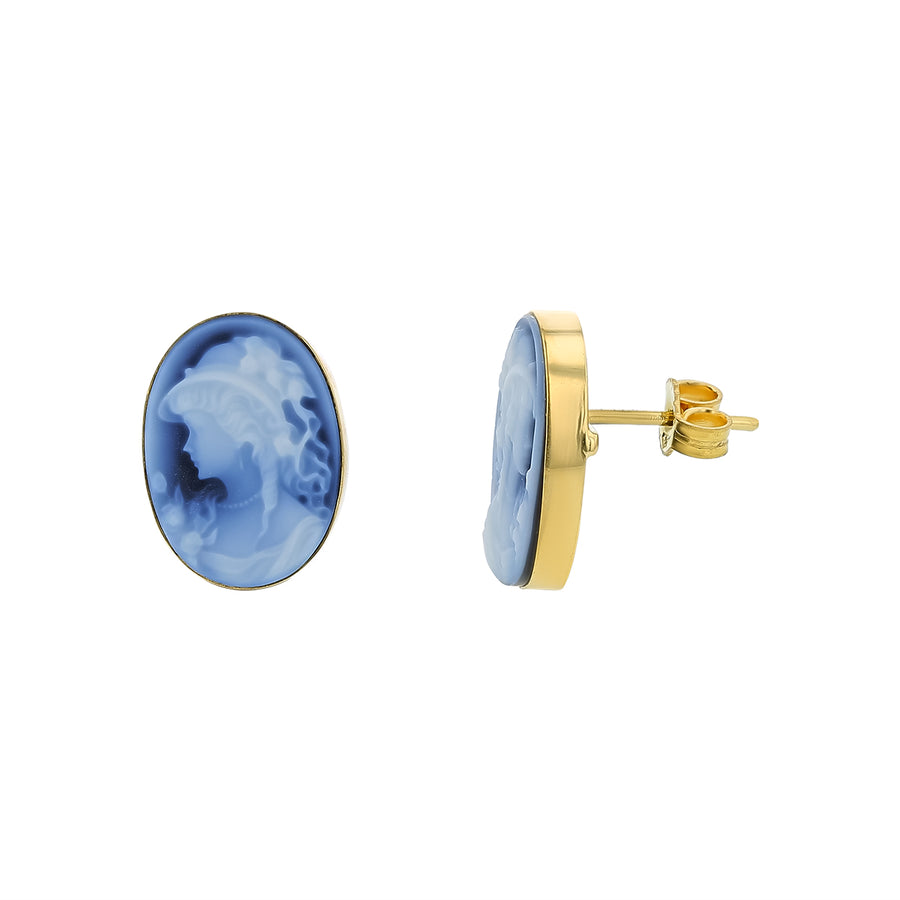 Black Onyx Oval Lady Cameo Earrings in 14K Yellow Gold