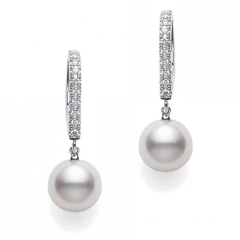 Classic 7.5mm Akoya Pearl and 0.08ct Diamond Earrings in 18K White Gold