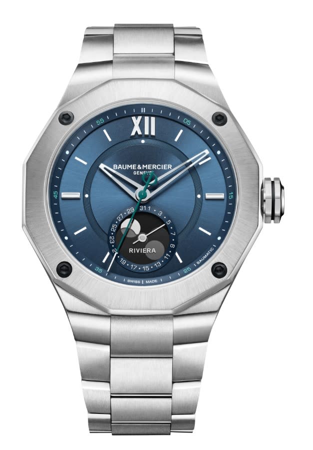 43mm Riviera Moon Phase Automatic Watch with Blue Dial in Stainless Steel, Bracelet
