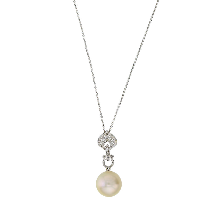 14.2mm White South Sea Pearl and 0.31ct Diamond Pendant in 18K White Gold, 18" cable chain