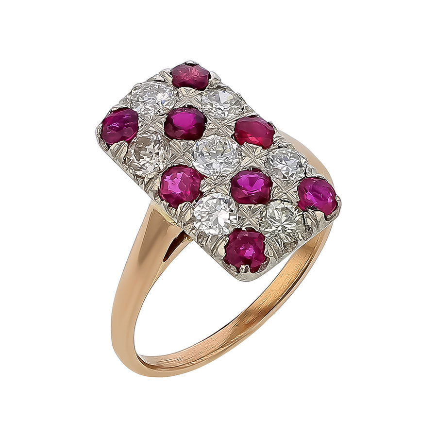 0.70ct Diamond and Ruby Rectangular Art Deco Ring in 18K White and Yellow Gold, size 6.25