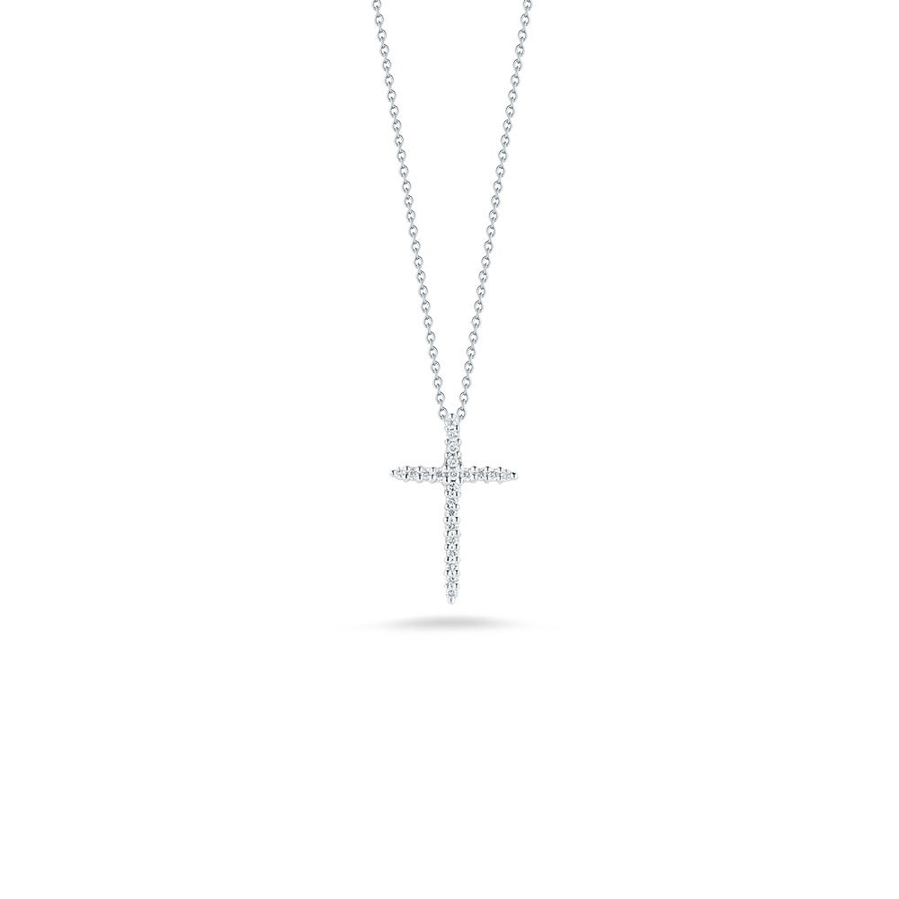 Tiny Treasure Round Diamond Cross Pendant in 18K White Gold, 16-18in