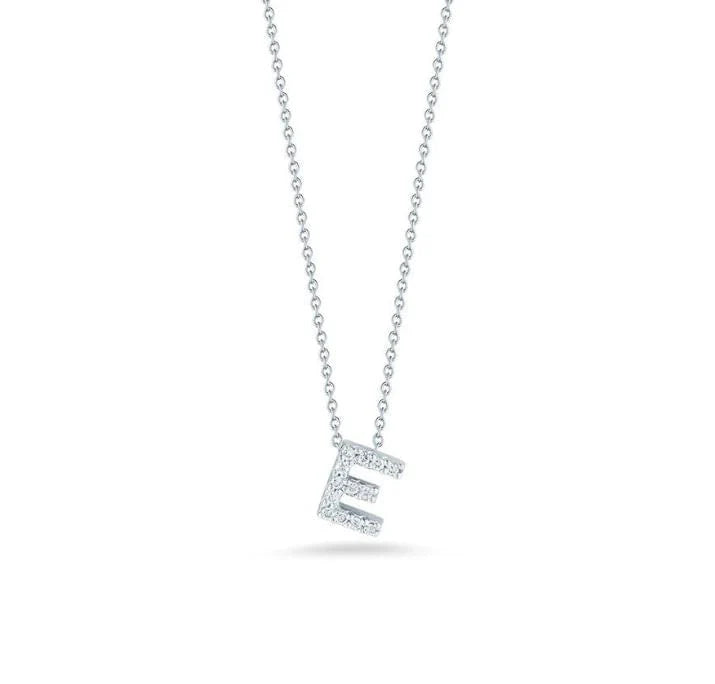 Tiny Treasures 0.06ct Diamond Love Letter "E" Pendant in 18K White Gold, 16-18" chain